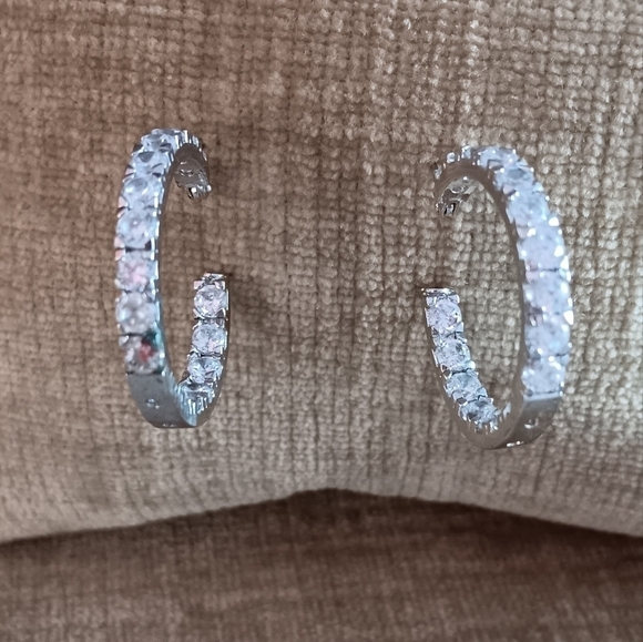 925 FAS Silver Rhinestone Inside Outside Hoop Earrings - Picture 2 of 8